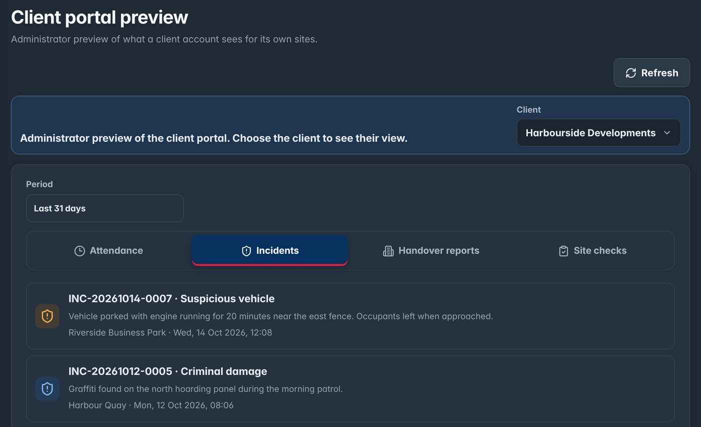 Client portal showing a client's incidents